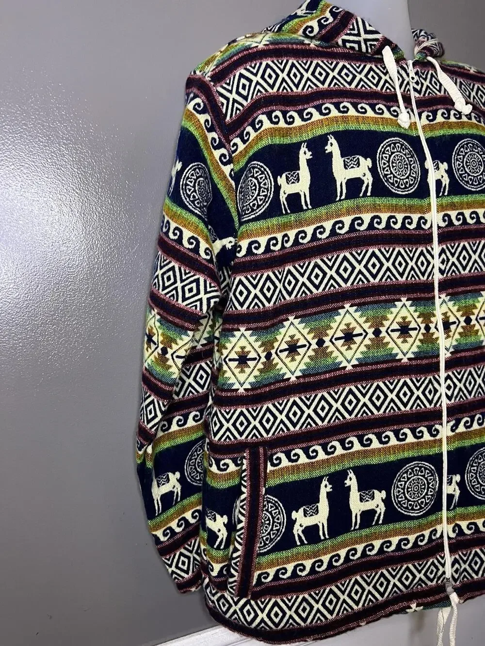 Llama Alpaca Sweater Mens XL Wool Blue Hooded Full Zip Knit Ecuador Tribal